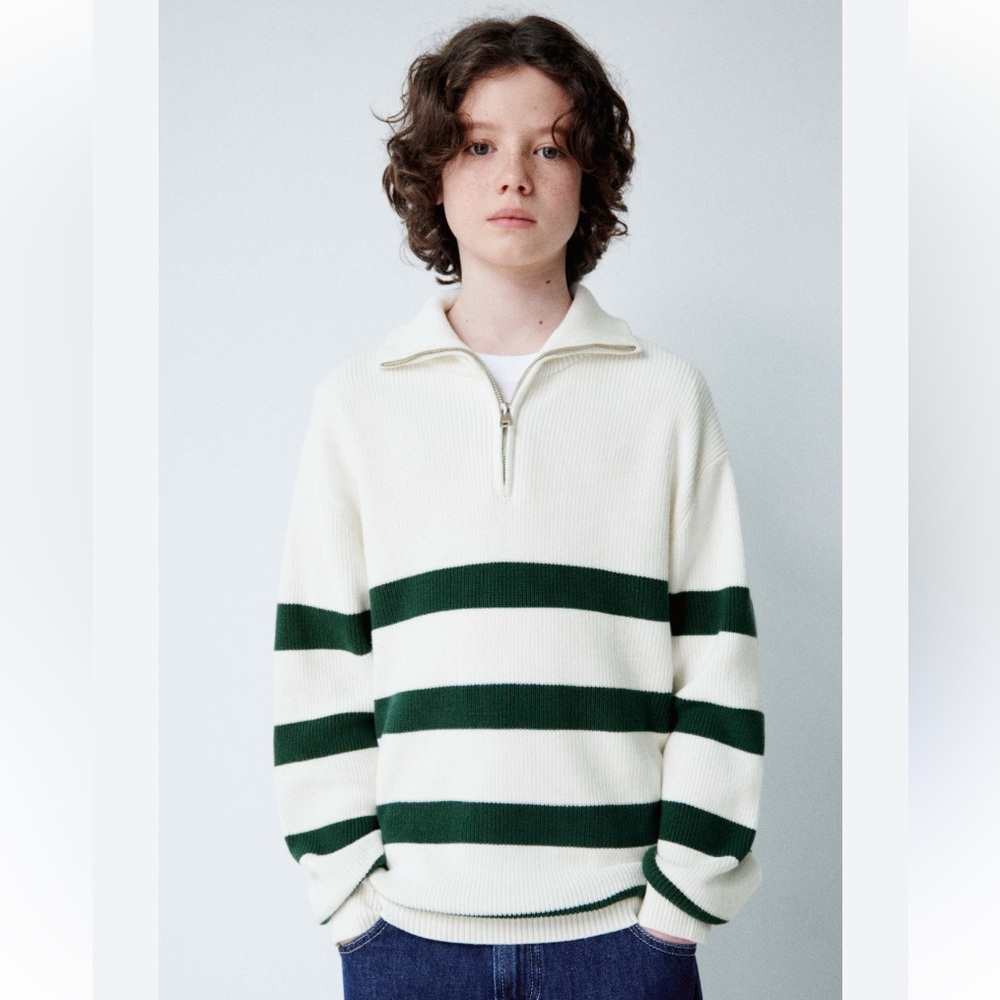 🫐3/$30 NWOT Zara Boys Cream and Green Striped Half Zip Sweater size 8-9
